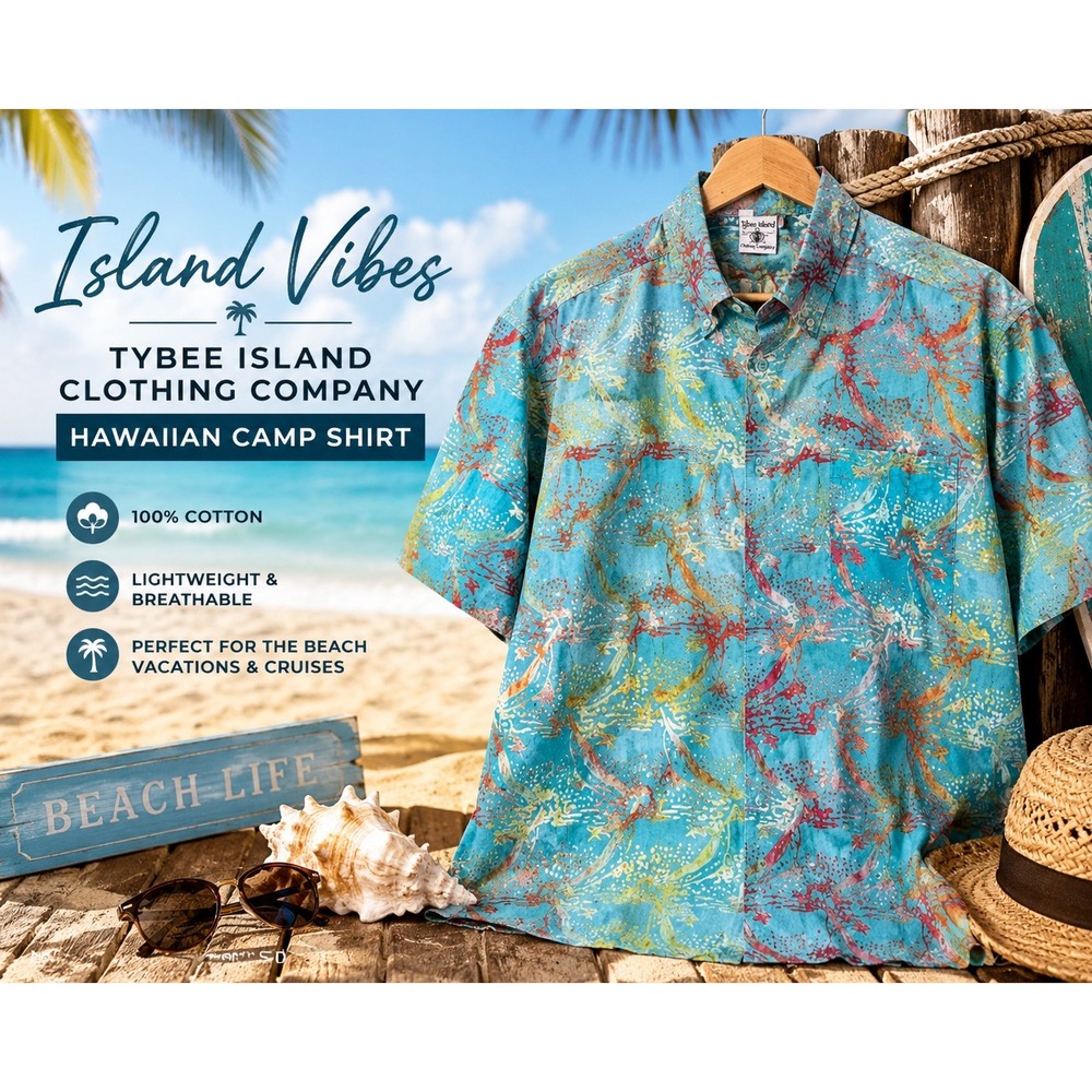 Tybee Island Clothing Company Hawaiian Camp Shirt Men's 1X Tropical100% Cotton